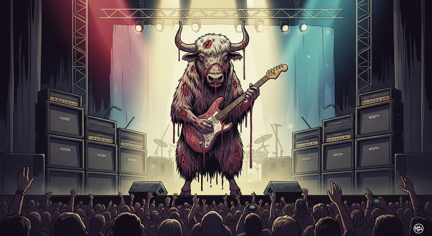 A yak shredding electric guitar on stage in front of a sweaty crowd